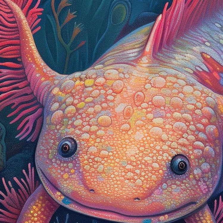 Coral Axolotl animal art print close-up detail