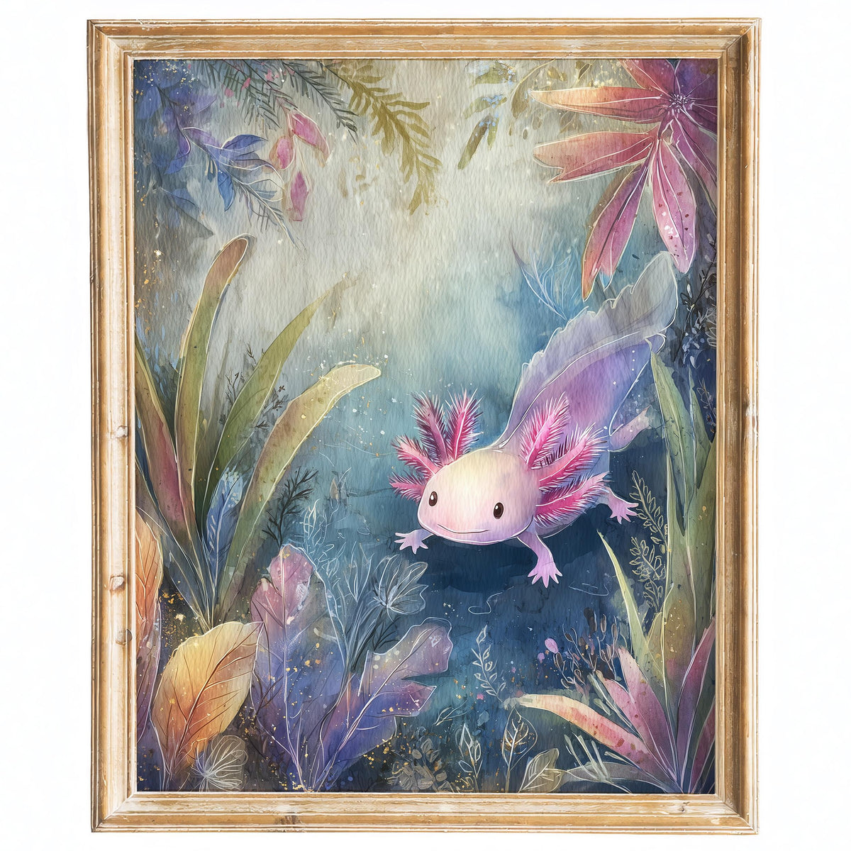 Pink Axolotl animal art print framed