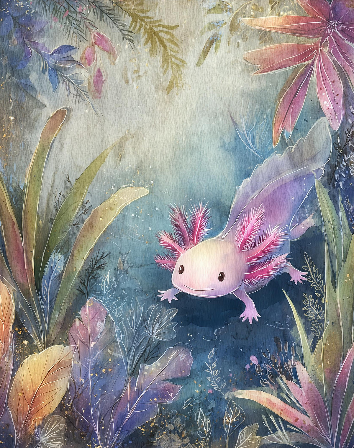 Pink Axolotl animal art print unframed, signed by Pattie Overcash