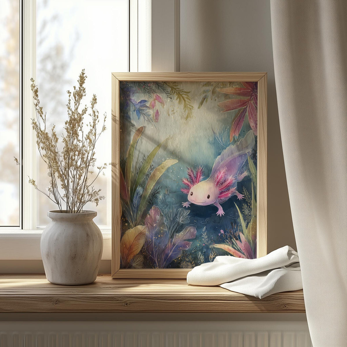 Pink Axolotl animal art print shown in a room setting