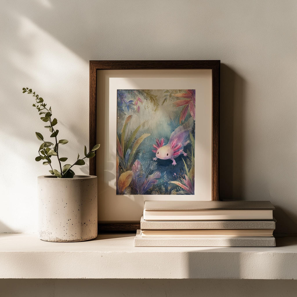 Pink Axolotl animal art print shown in a room setting