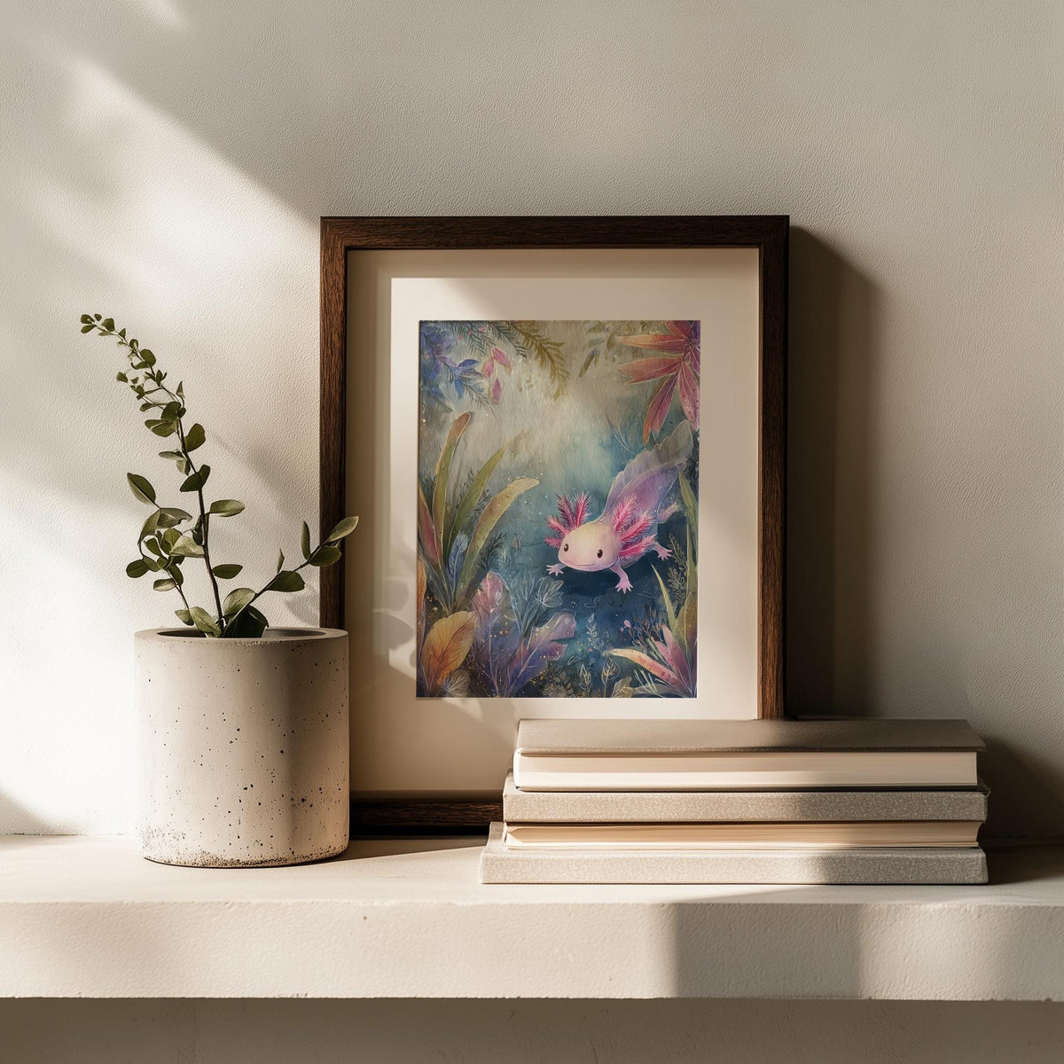 Pink Axolotl animal art print shown in a room setting
