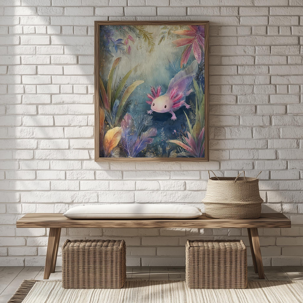 Pink Axolotl animal art print shown in a room setting
