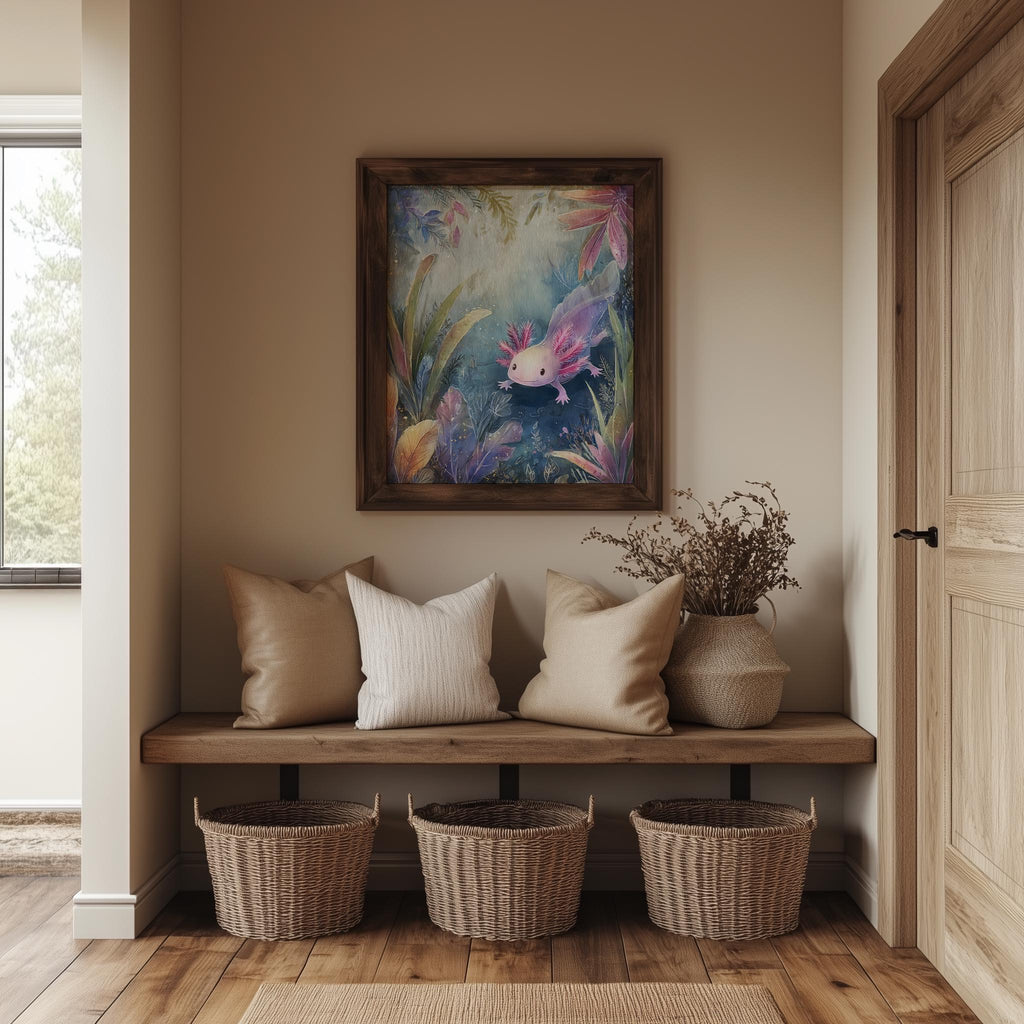 Pink Axolotl animal art print shown in a room setting