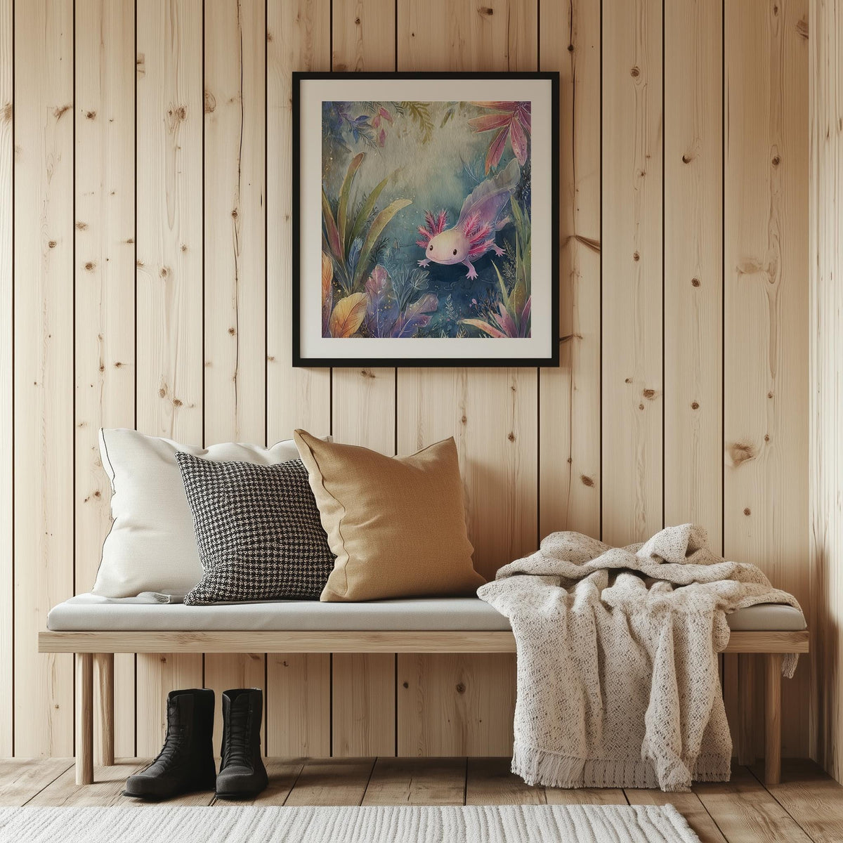 Pink Axolotl animal art print shown in a room setting