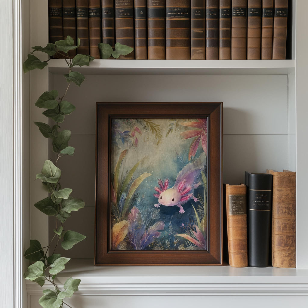 Pink Axolotl animal art print shown in a room setting