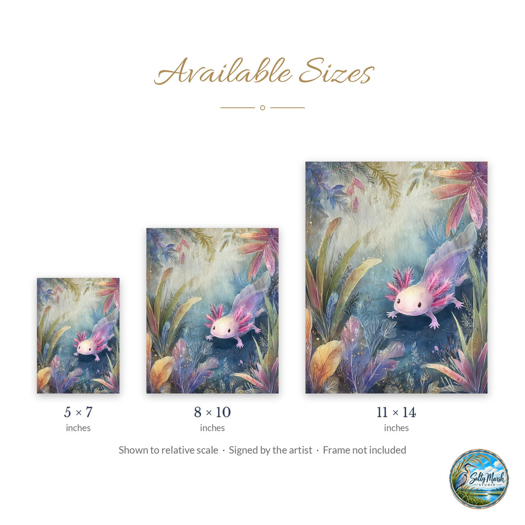 Pink Axolotl art print size guide: 5x7, 8x10 and 11x14