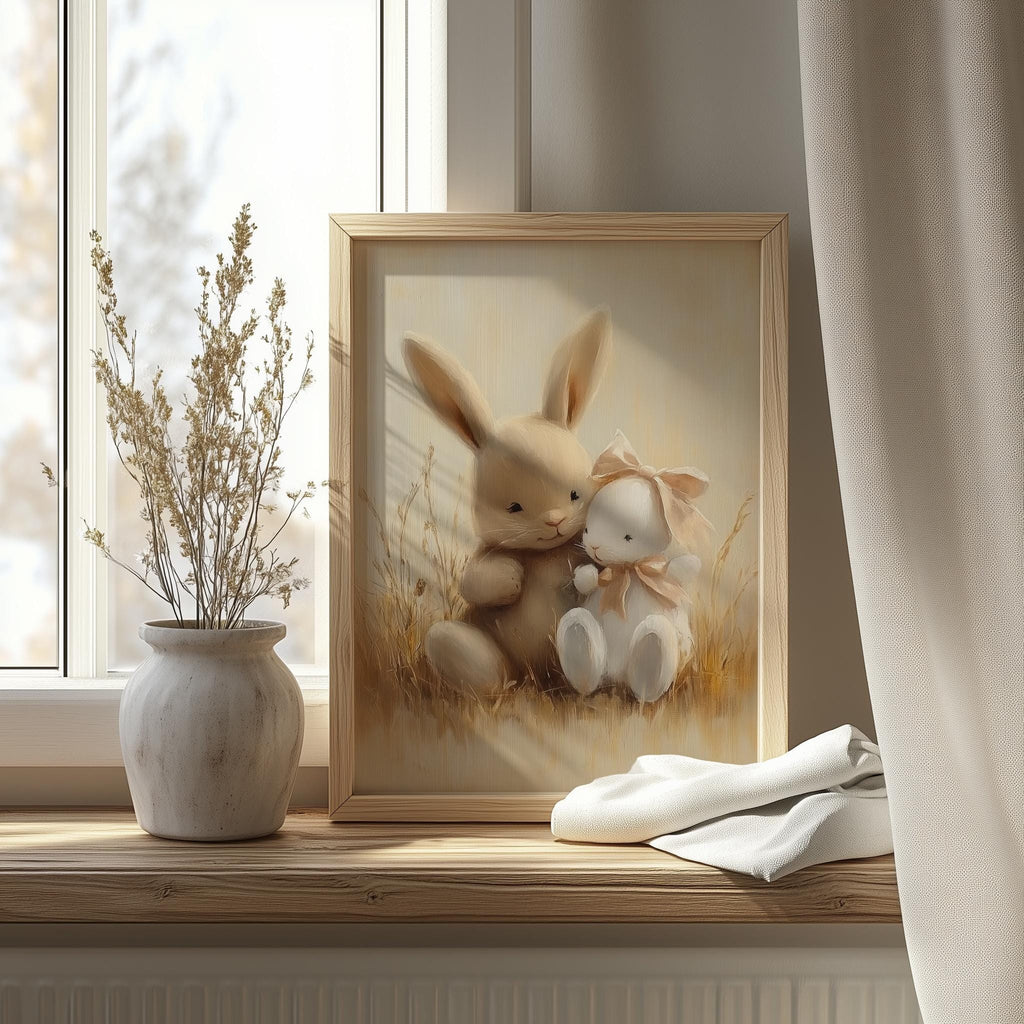 Bunny Hug animal art print shown in a room setting