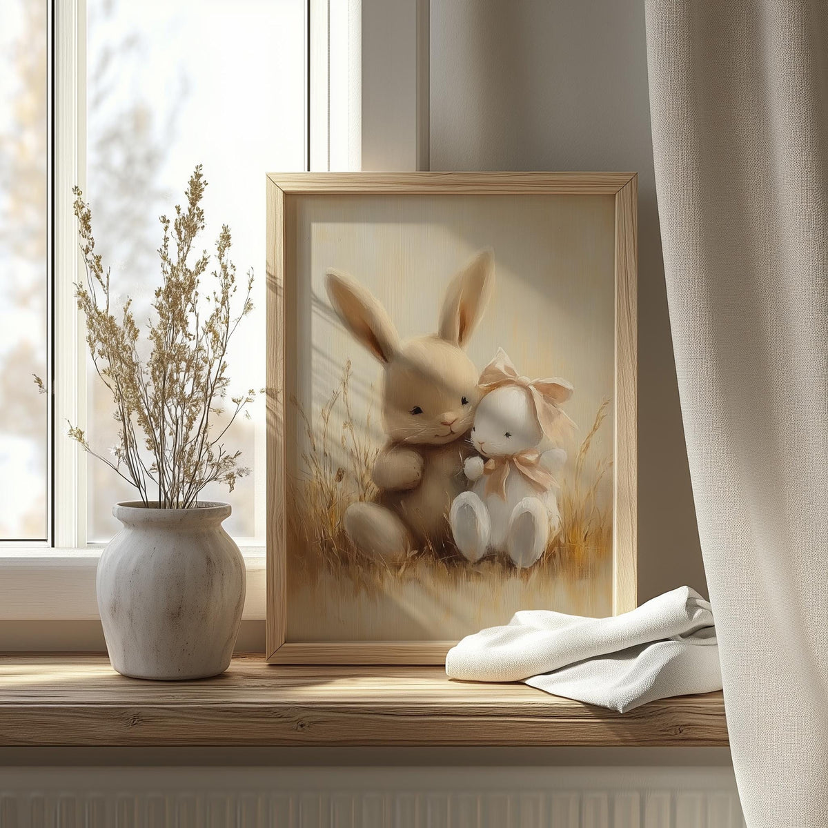 Bunny Hug animal art print shown in a room setting