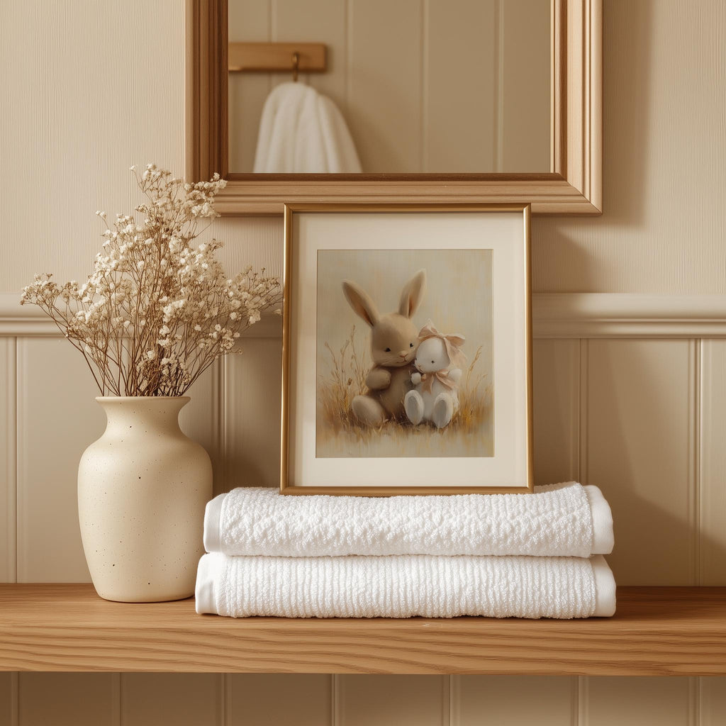 Bunny Hug animal art print shown in a room setting