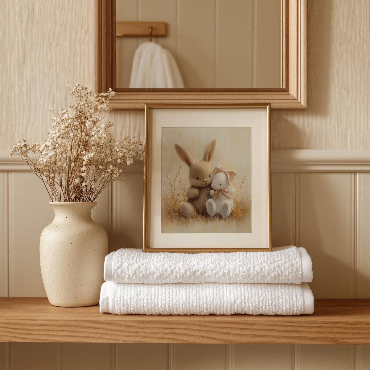 Bunny Hug animal art print shown in a room setting