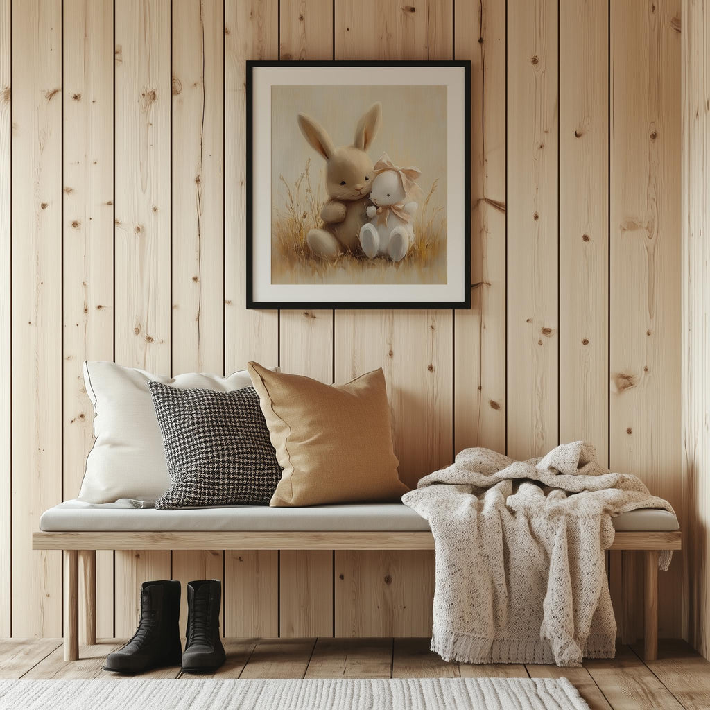 Bunny Hug animal art print shown in a room setting
