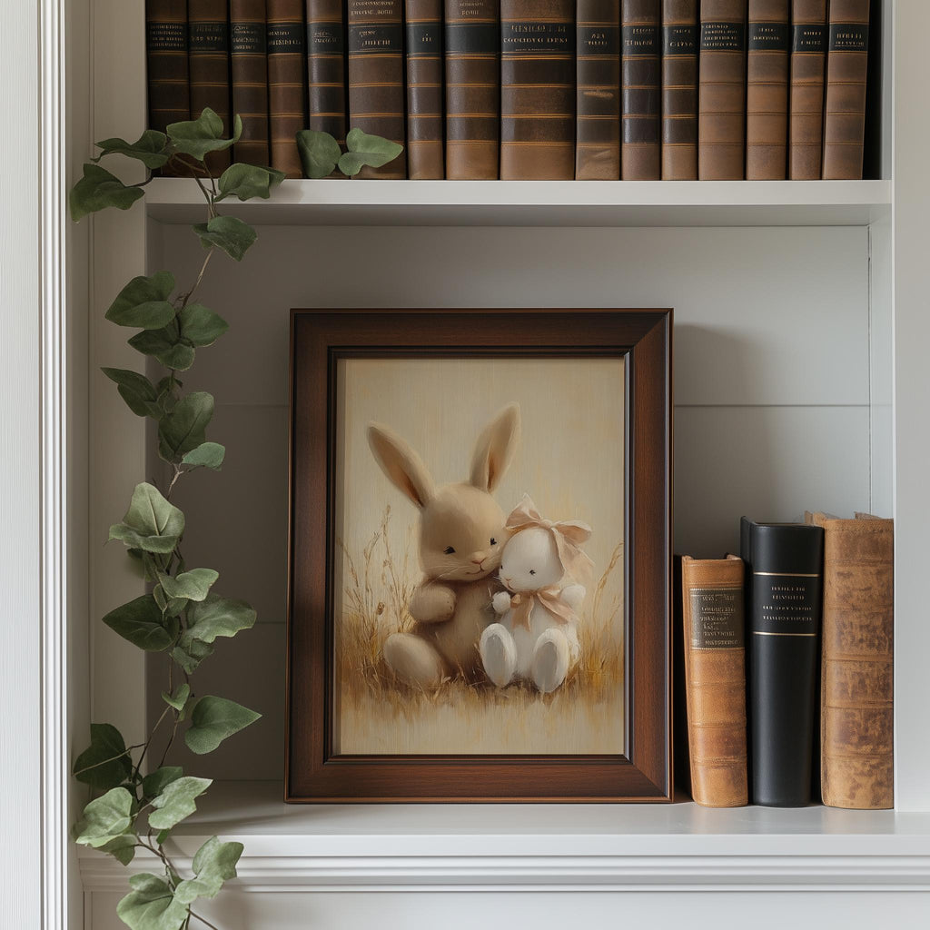 Bunny Hug animal art print shown in a room setting