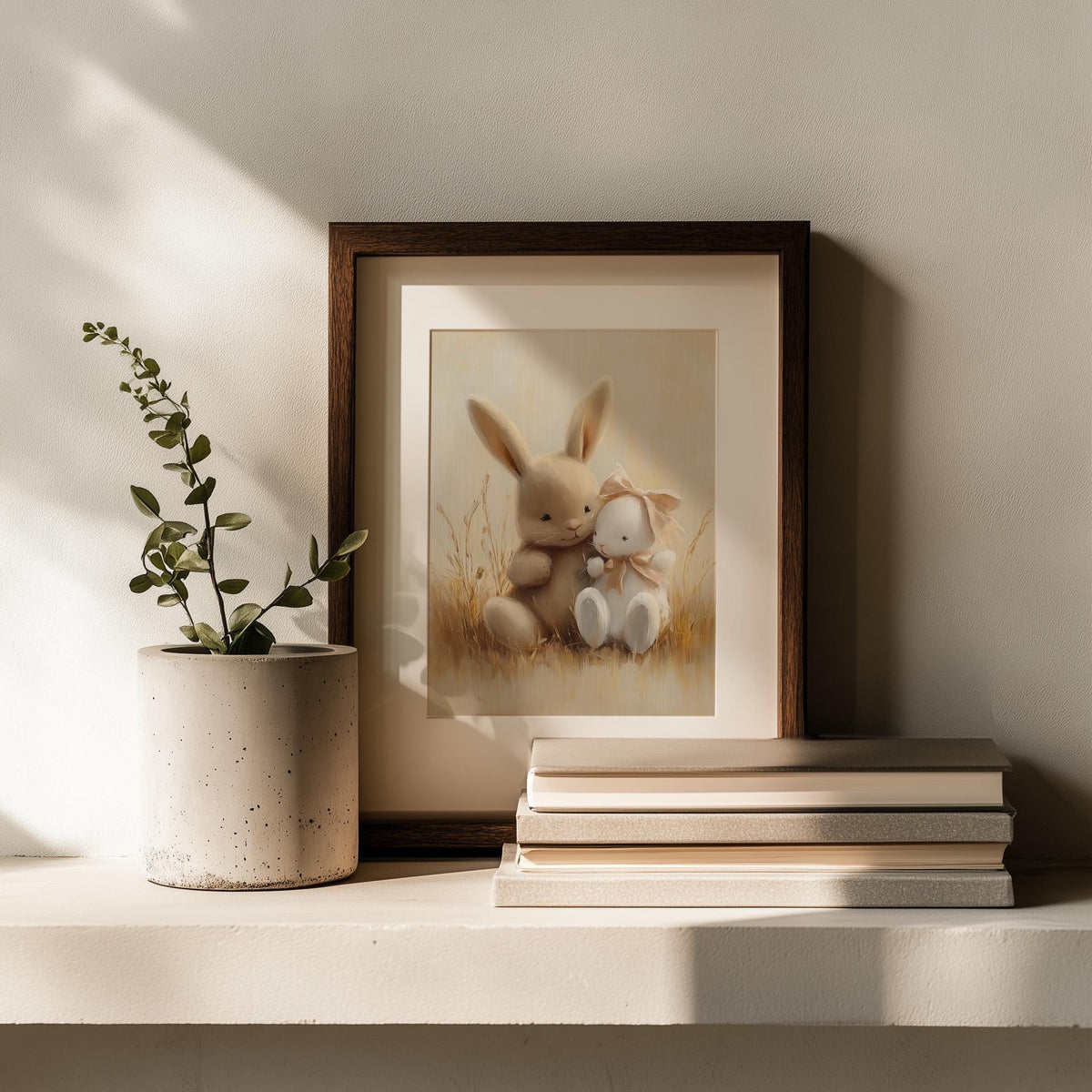 Bunny Hug animal art print shown in a room setting
