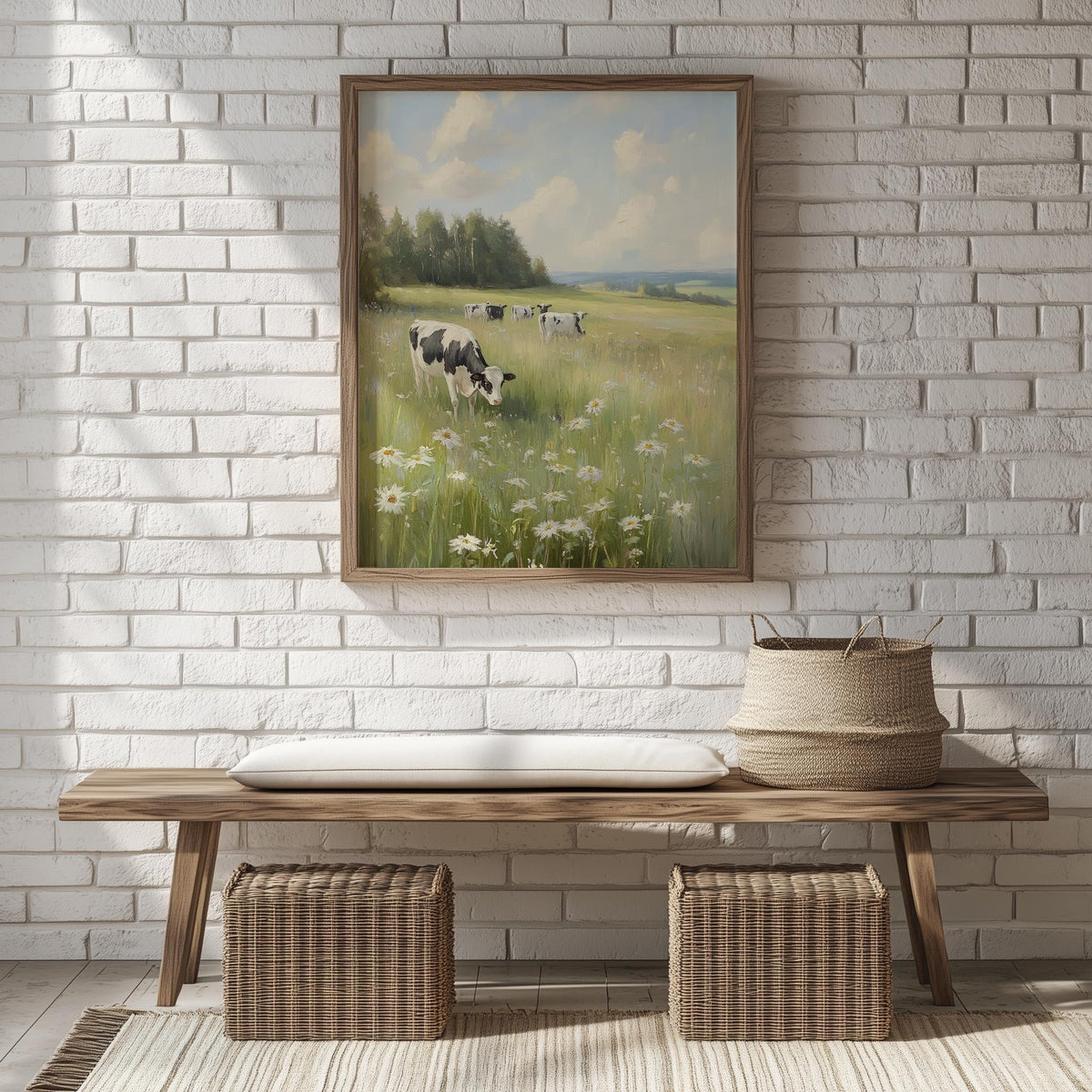 Cow Meadow animal art print shown in a room setting