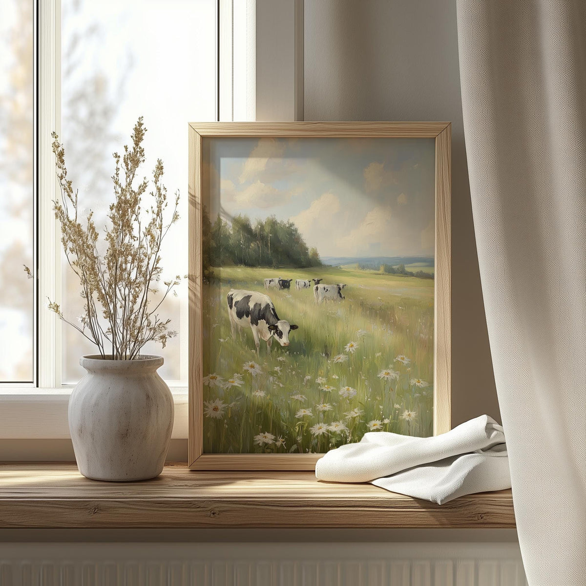 Cow Meadow animal art print shown in a room setting