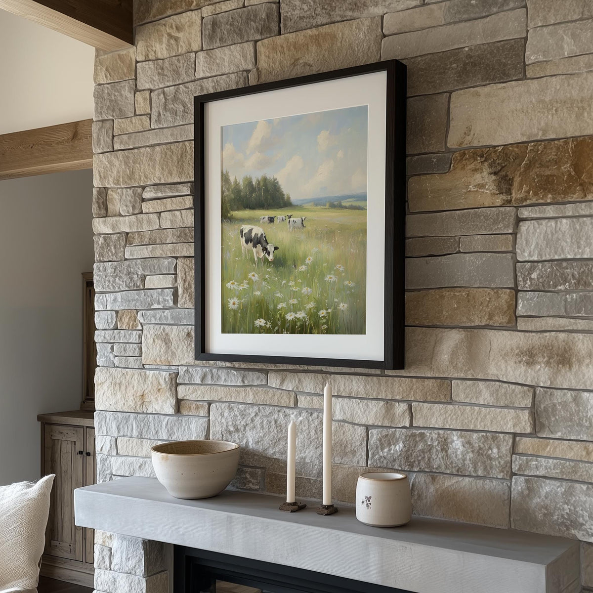 Cow Meadow animal art print shown in a room setting