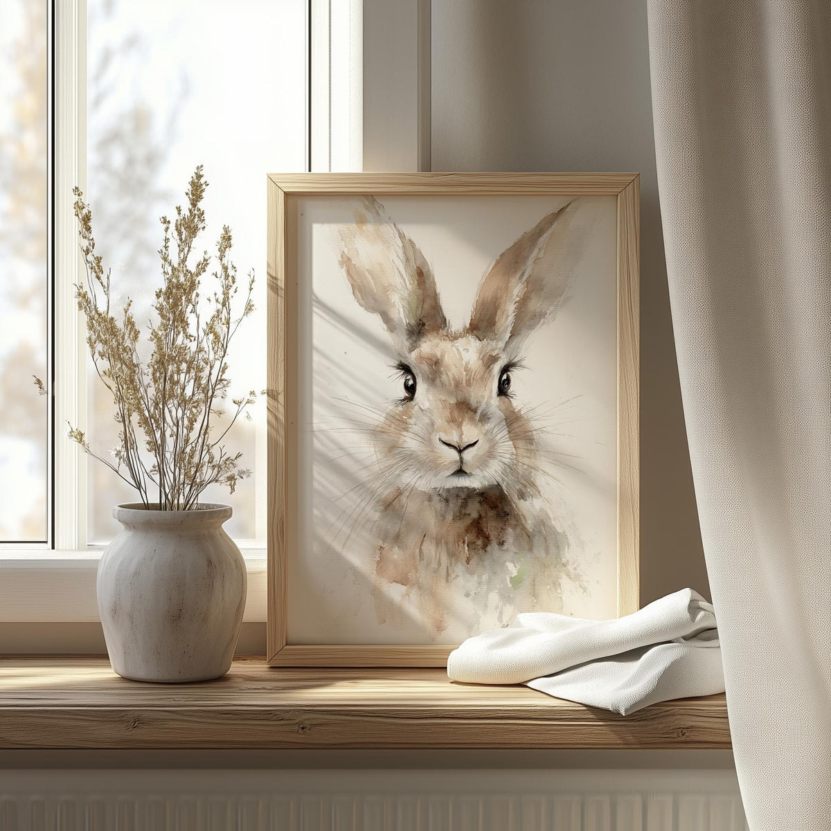 Watercolor Rabbit animal art print shown in a room setting