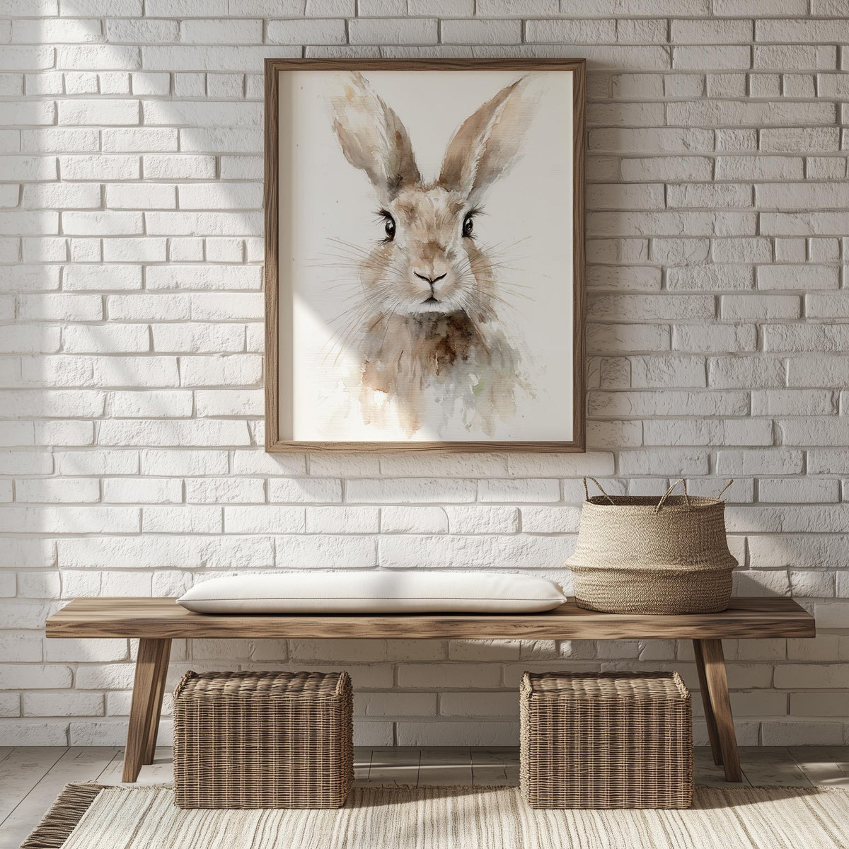 Watercolor Rabbit animal art print shown in a room setting