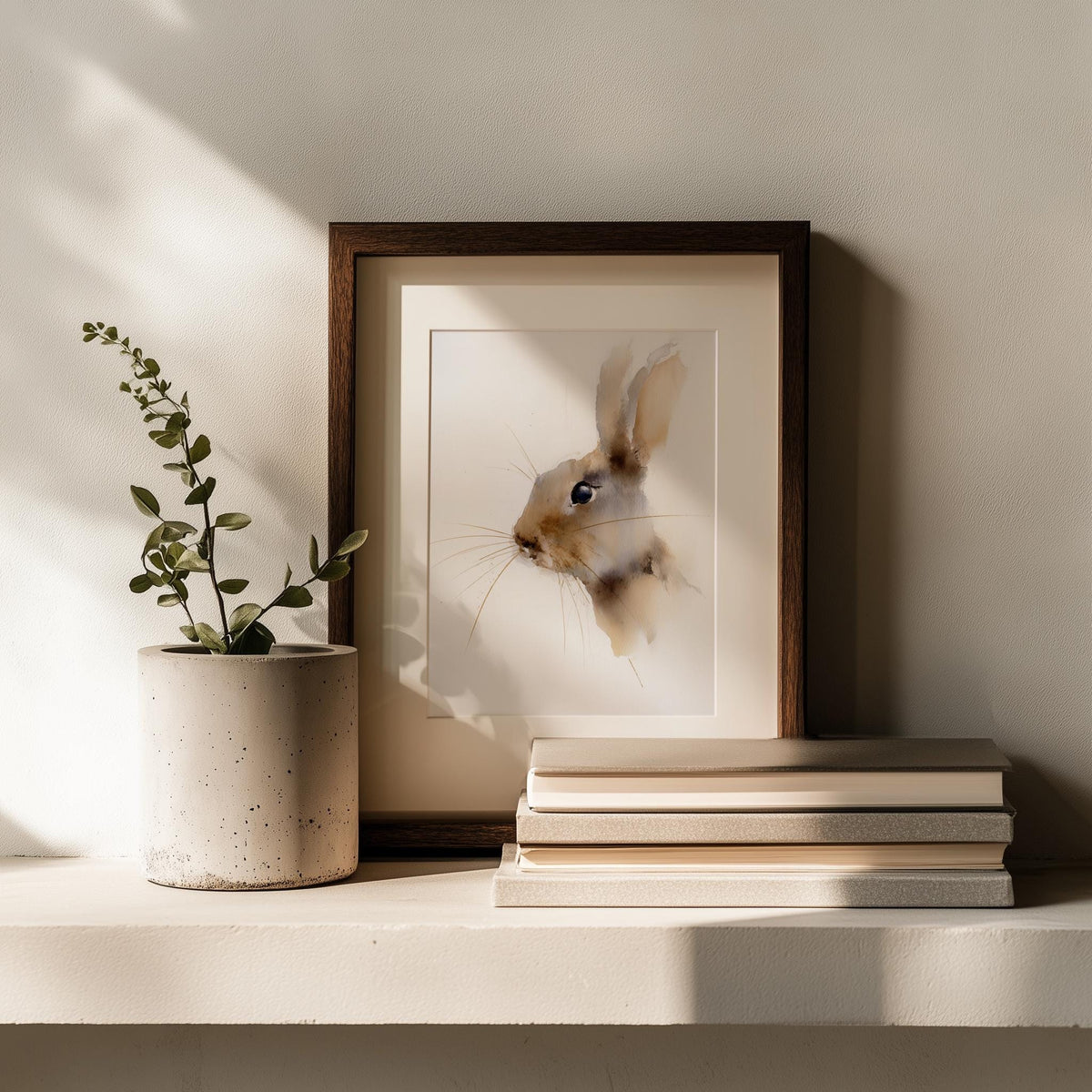 Minimalist Rabbit animal art print shown in a room setting