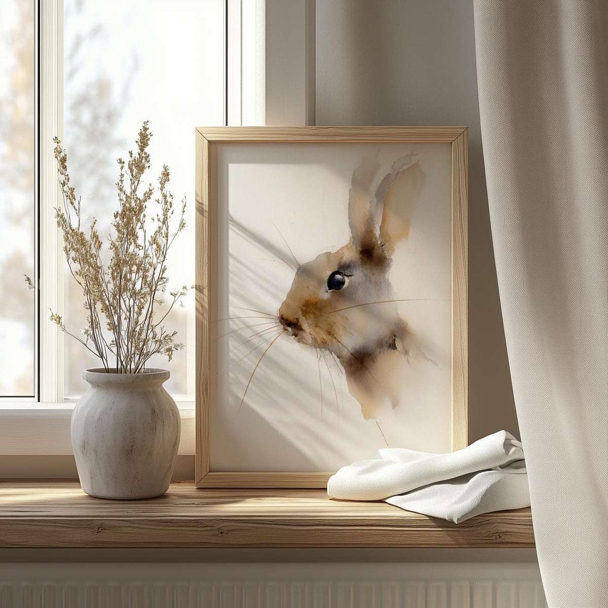 Minimalist Rabbit animal art print shown in a room setting