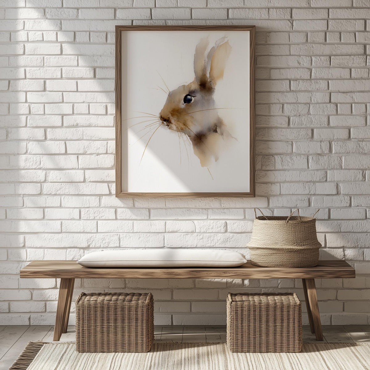 Minimalist Rabbit animal art print shown in a room setting