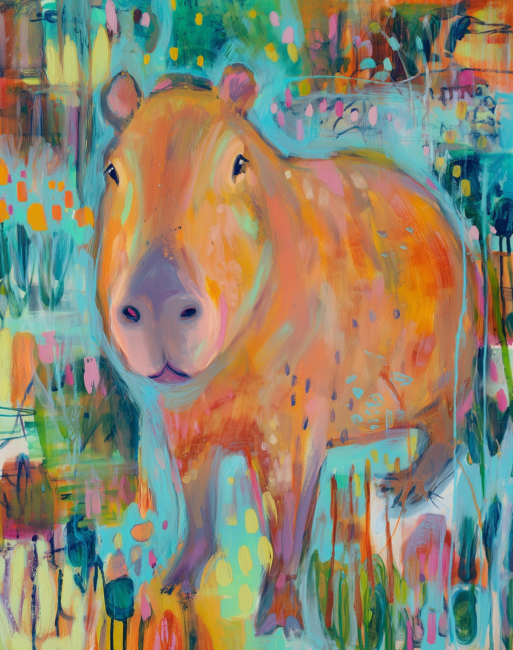 Folk Capybara animal art print unframed, signed by Pattie Overcash