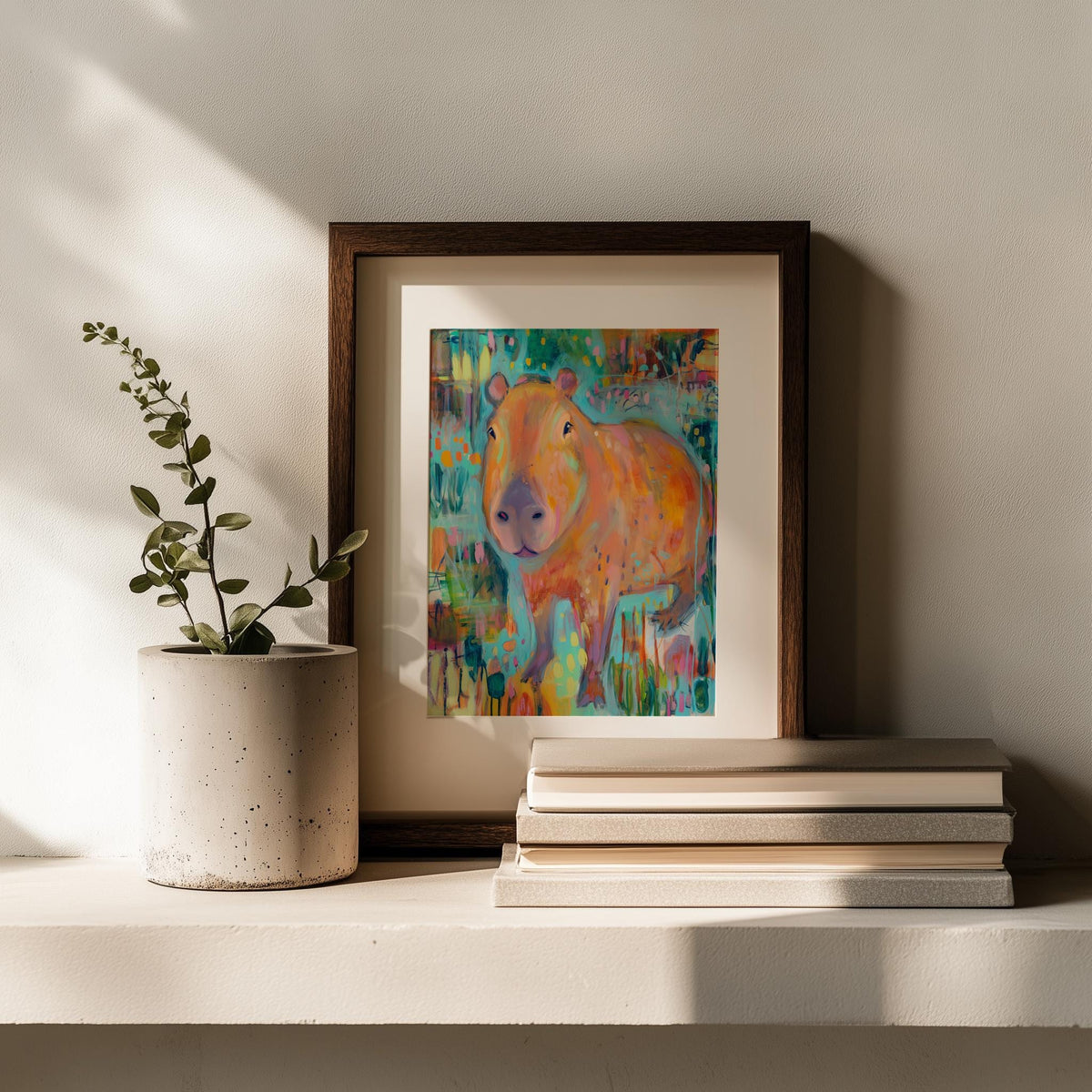 Folk Capybara animal art print shown in a room setting