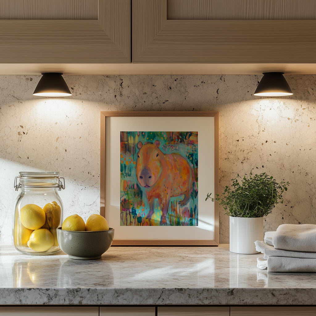 Folk Capybara animal art print shown in a room setting