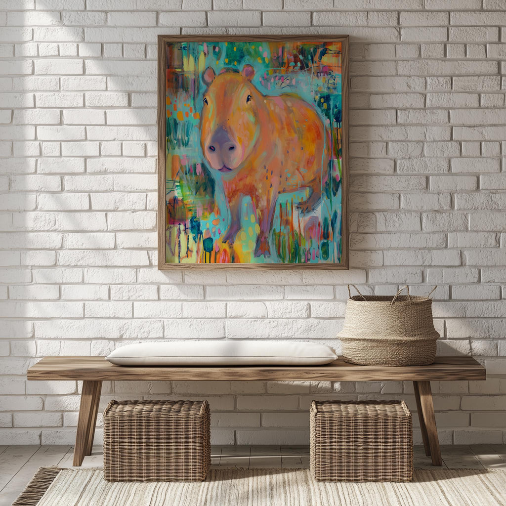 Folk Capybara animal art print shown in a room setting