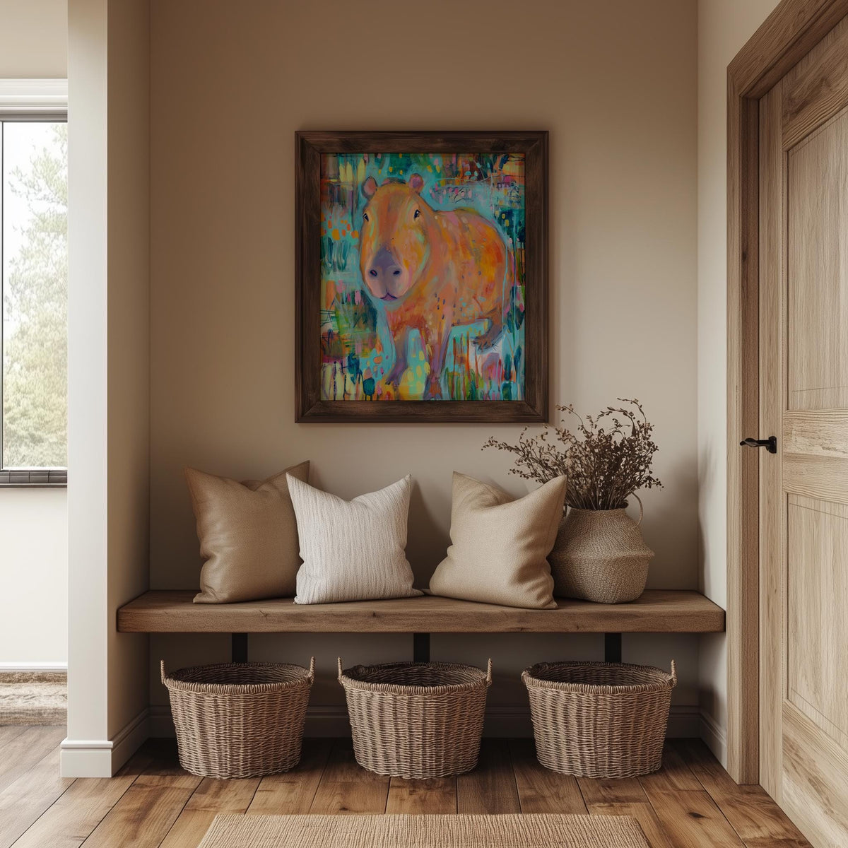 Folk Capybara animal art print shown in a room setting