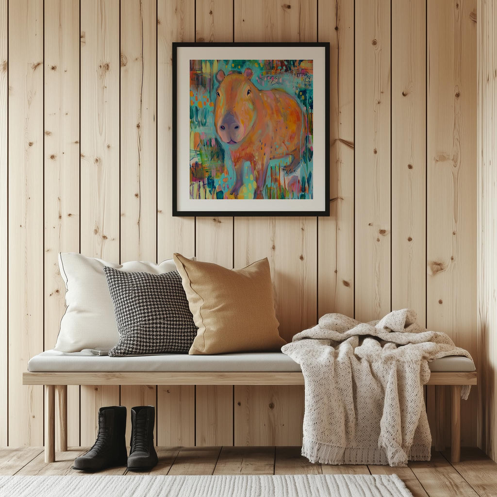 Folk Capybara animal art print shown in a room setting