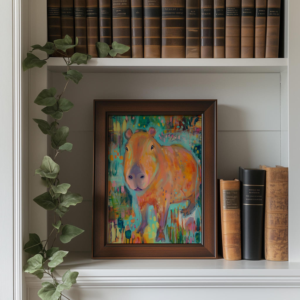 Folk Capybara animal art print shown in a room setting