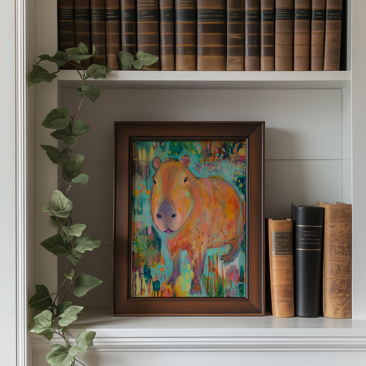 Folk Capybara animal art print shown in a room setting