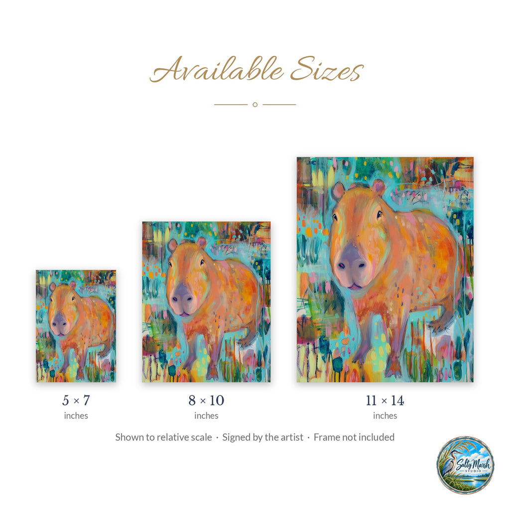 Folk Capybara art print size guide: 5x7, 8x10 and 11x14