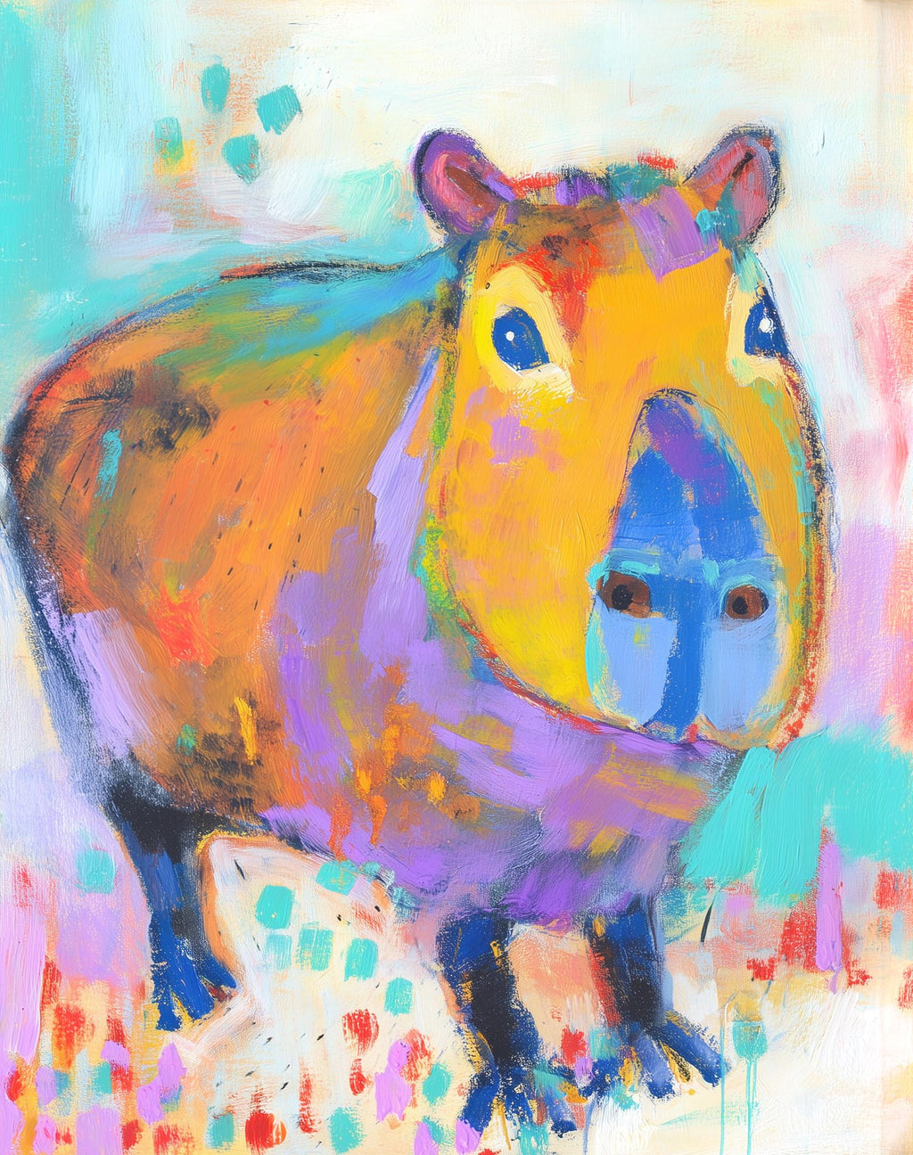 Playful Capybara animal art print unframed, signed by Pattie Overcash