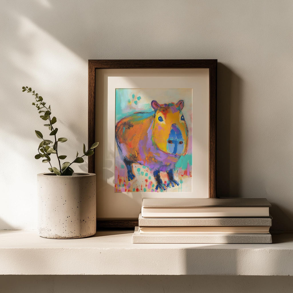 Playful Capybara animal art print shown in a room setting