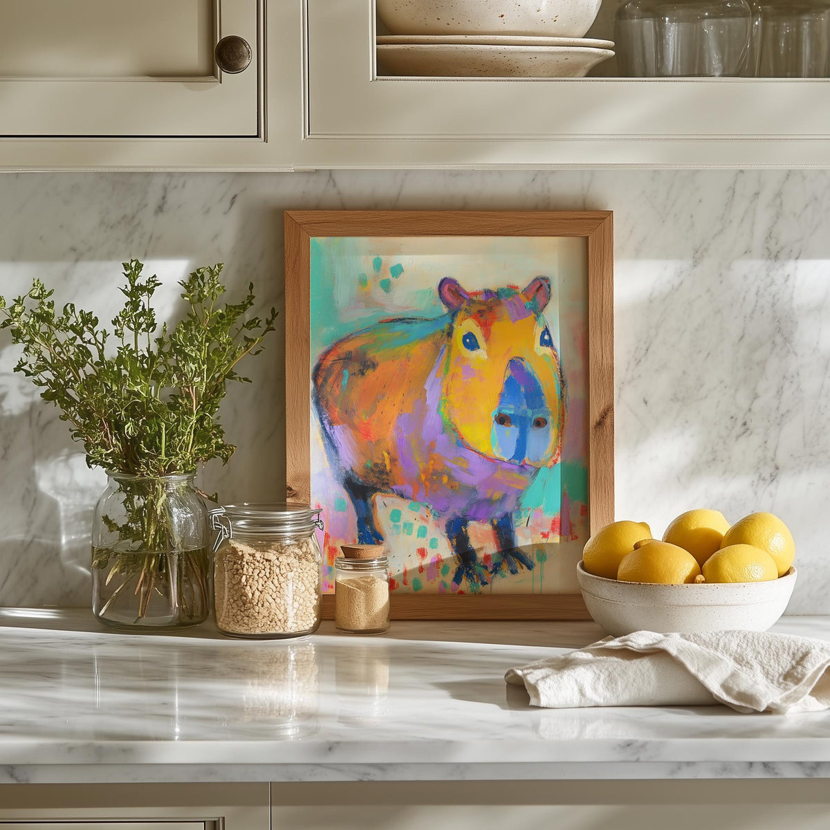 Playful Capybara animal art print shown in a room setting