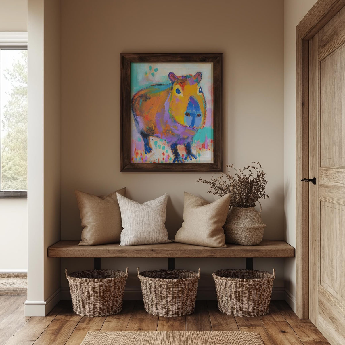 Playful Capybara animal art print shown in a room setting