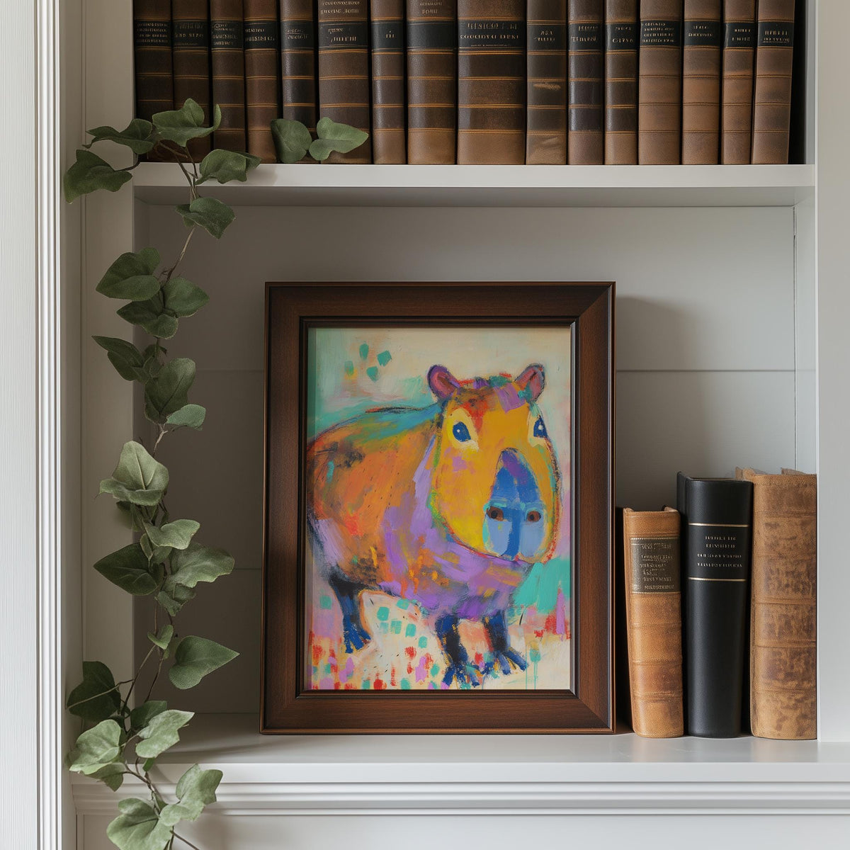 Playful Capybara animal art print shown in a room setting