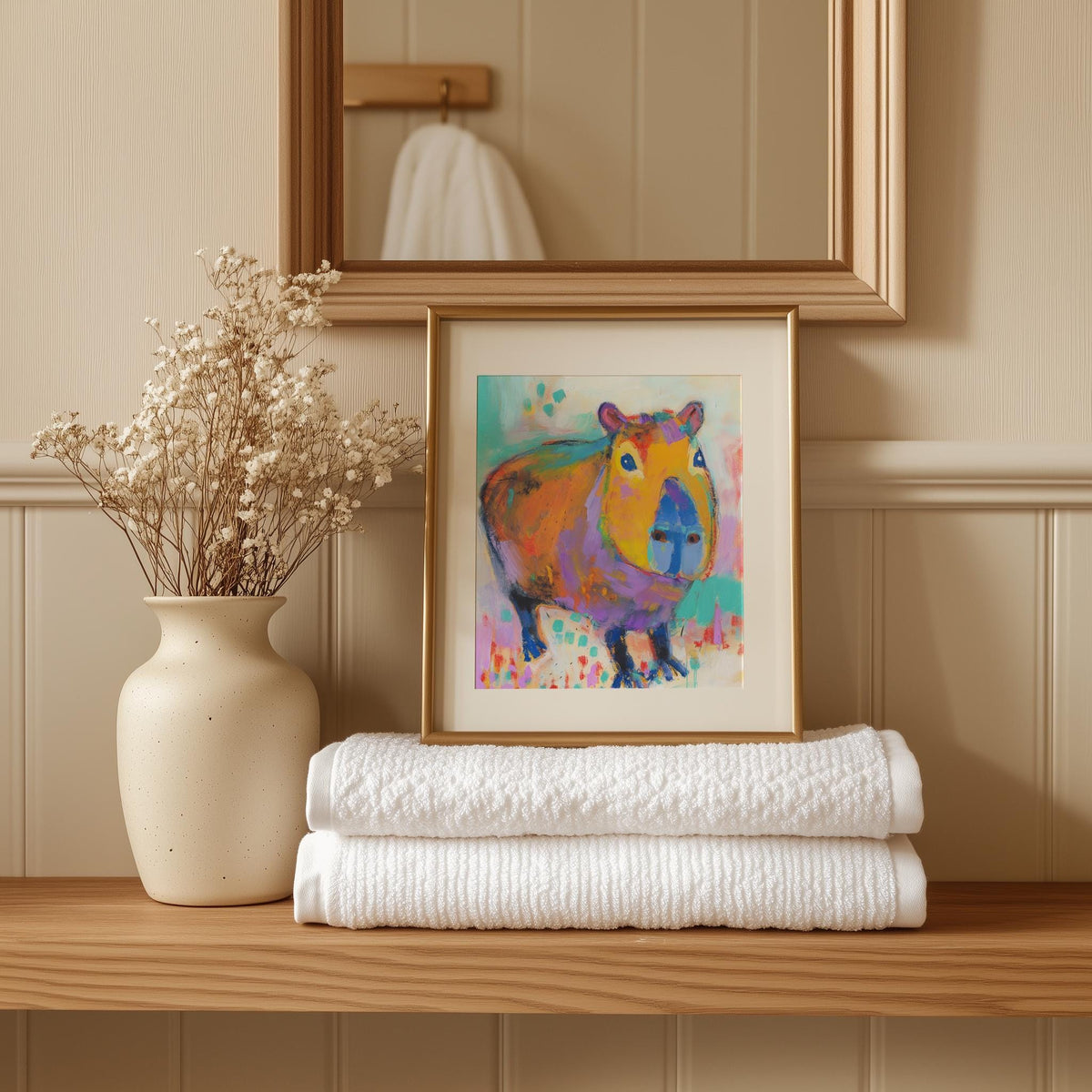 Playful Capybara animal art print shown in a room setting
