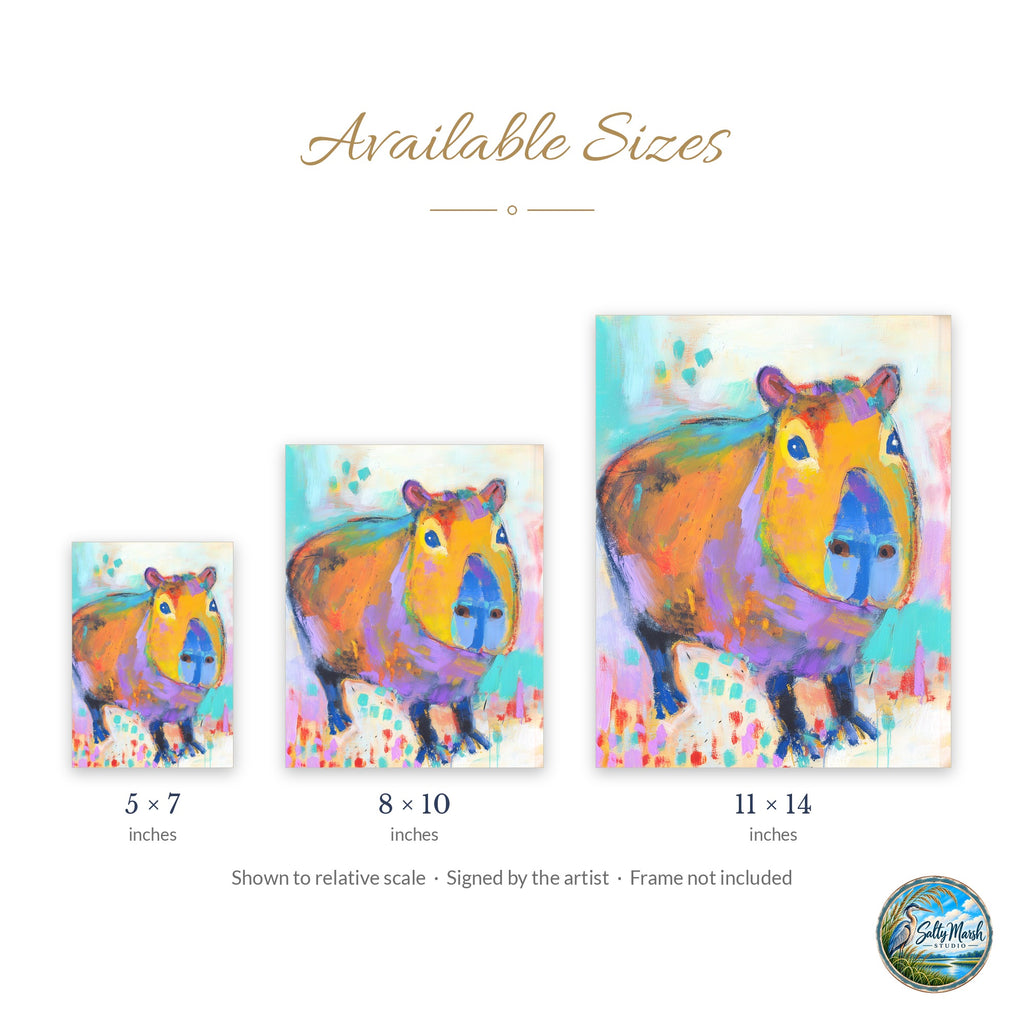 Playful Capybara art print size guide: 5x7, 8x10 and 11x14
