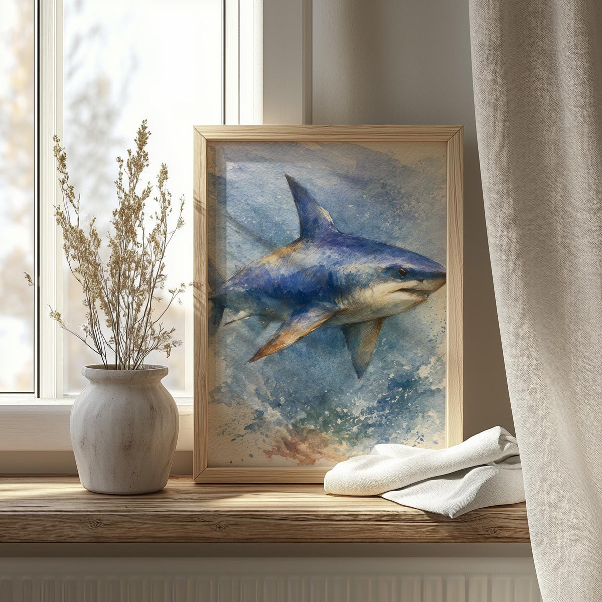 Great White Shark animal art print shown in a room setting