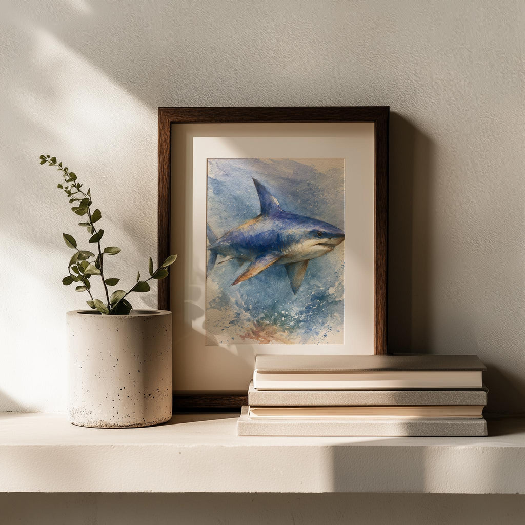 Great White Shark animal art print shown in a room setting