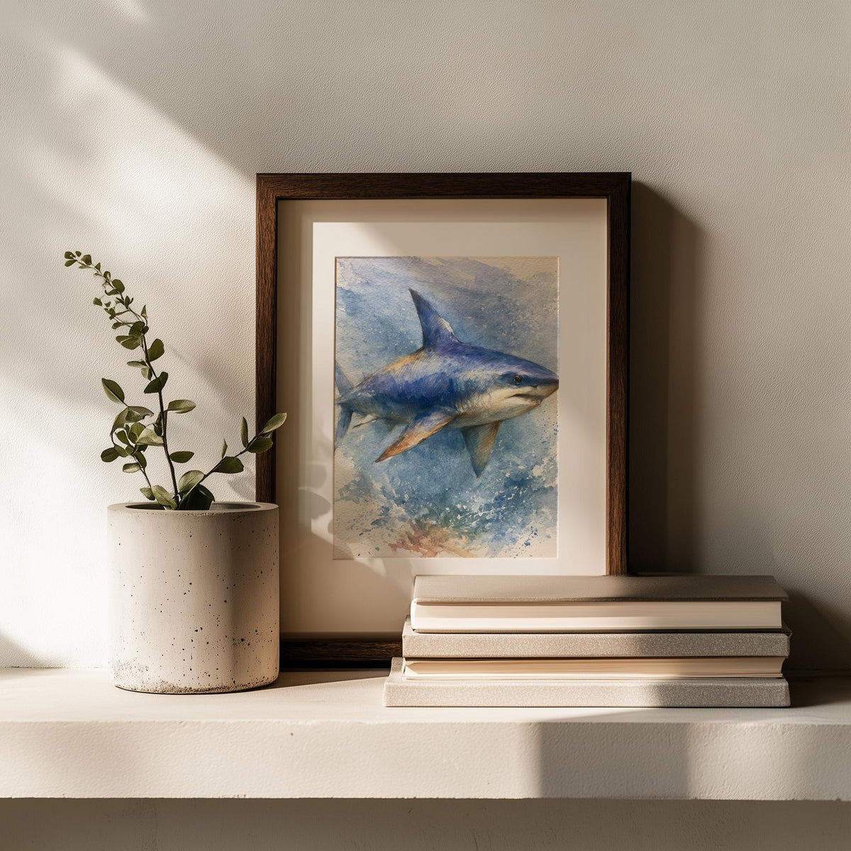 Great White Shark animal art print shown in a room setting