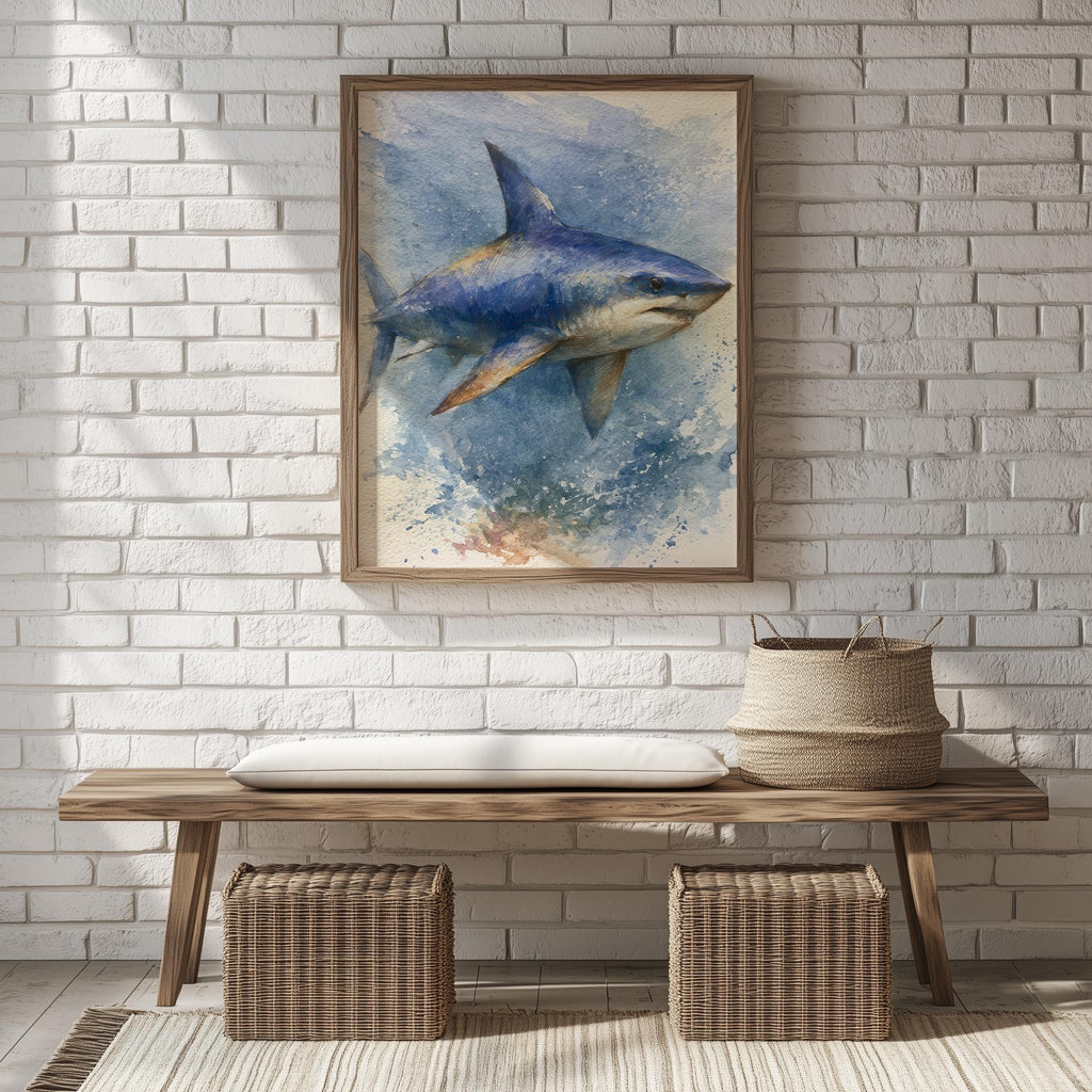 Great White Shark animal art print shown in a room setting