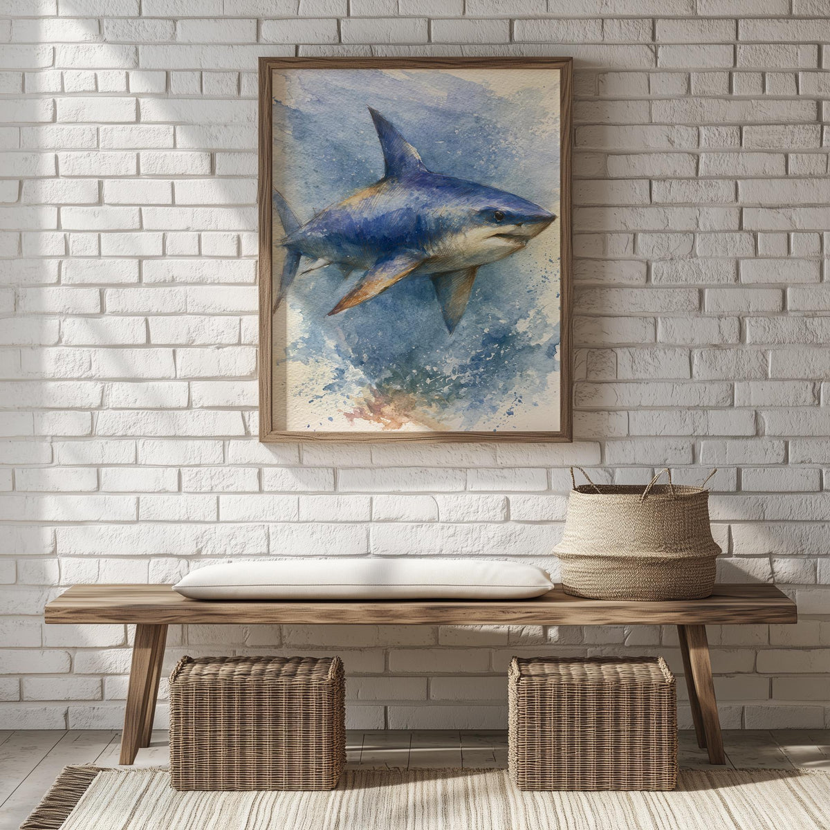 Great White Shark animal art print shown in a room setting
