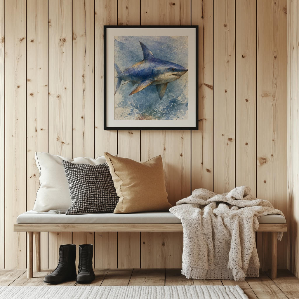 Great White Shark animal art print shown in a room setting