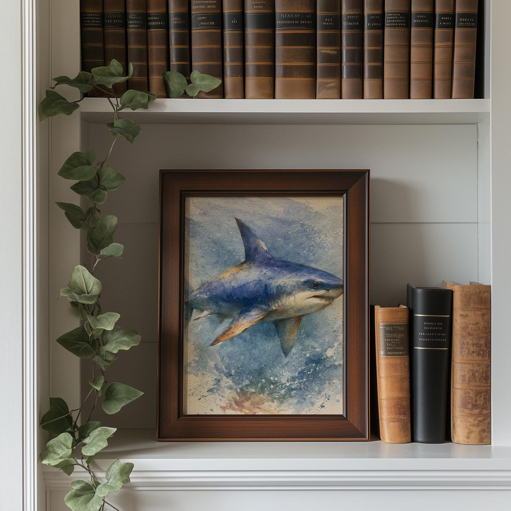 Great White Shark animal art print shown in a room setting