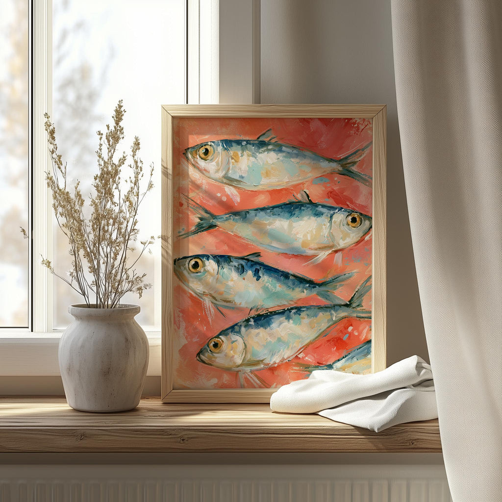 Coral Sardines animal art print shown in a room setting
